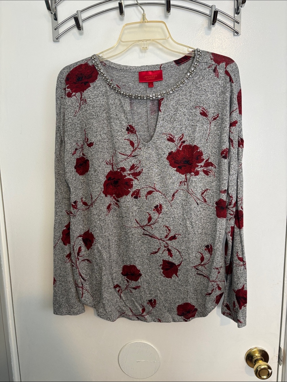 Jennifer Lopez Gray Long Sleeve Top with Red Floral & Jeweled Neckline